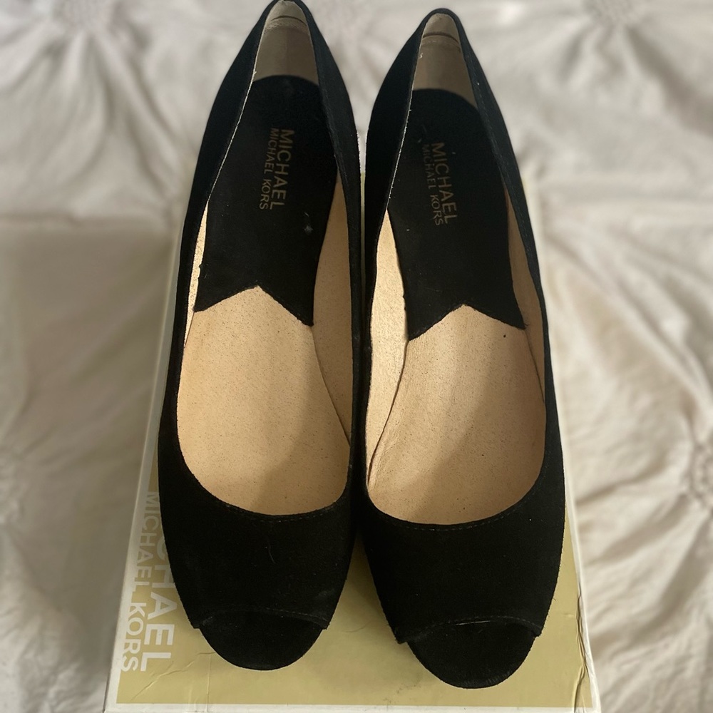 Michael Korn McGraw open toe suede wedge